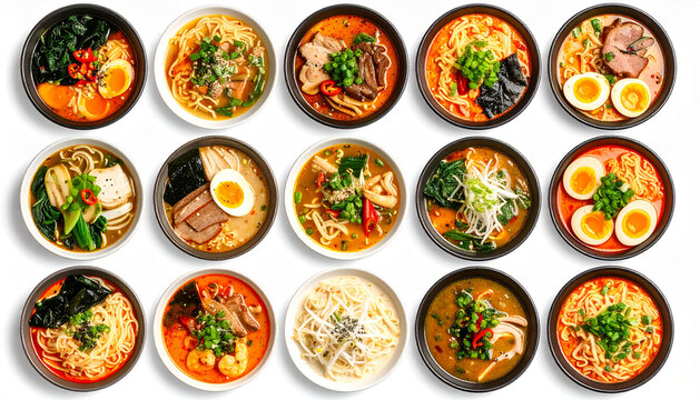 Collection of Asian noodle ramen bowls isolated
