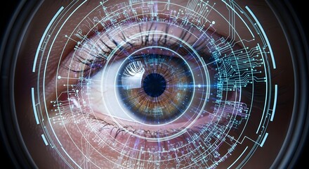 Eye Reflected in Holographic Lens Interface — Artificial Intelligence Concept
