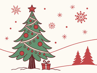 Obraz premium Christmas elements in modern minimalist poster style. Colorful illustration in flat vector. Xmas tree, reindeer with antlers decorated, gift box, Christmas wreath