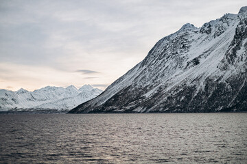 A moody and dramatic landscape of a dark, choppy sea against a backdrop of snow-covered mountains...