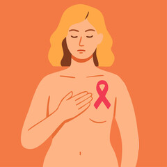 Breast cancer awareness concept illustration with diverse women and pink ribbon symbol