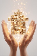 Futuristic golden building concept held between hands with glowing lights