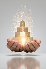 Enchanted pyramid of golden blocks symbolizing wealth and growth in hands