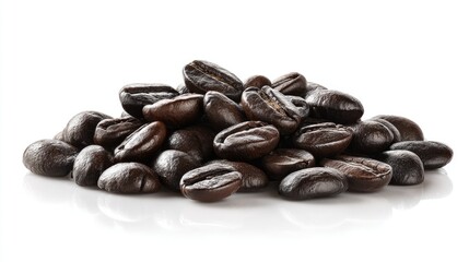 Obraz premium Roasted coffee beans clustered on white background