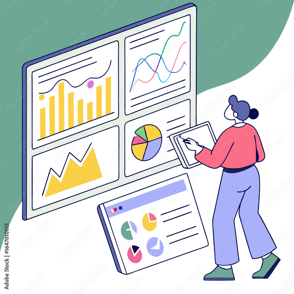 Poster woman analyzing data on multiple screens showing charts and graphs in a modern isometric illustratio