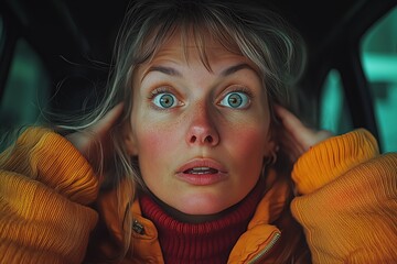 Surprised woman with blue-green eyes in orange jacket and red turtleneck, close-up portrait