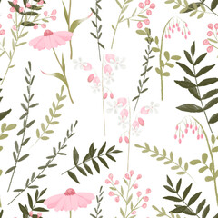 August flowers. Seamless pattern of pink flowers and green leaves on a white background. Digital drawing.