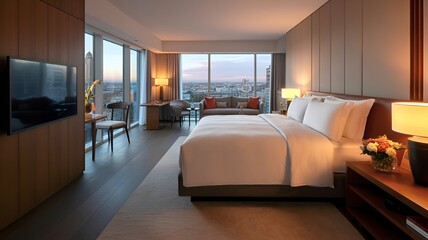 A luxurious hotel room featuring a large bed, city views, and modern furnishings and decor elements
