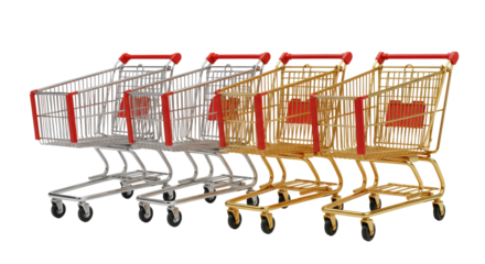 Six pristine silver and gold modern shopping carts with red handles, arranged dynamically on a transparent studio background, high-key lighting, concept of modern commerce and growth