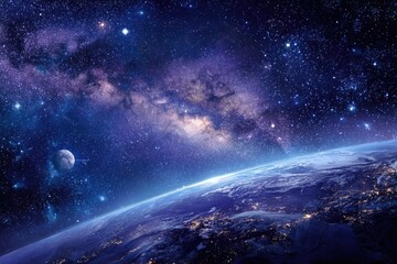 Fototapeta premium Earth bathed in cosmic light, galaxy overhead