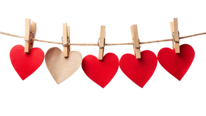 Paper Hearts Hanging on Rope with Small Clips Isolated on Transparent Background PNG