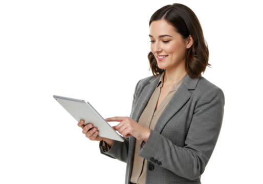A confident young professional woman in smart-casual attire subtly smiling, interacting with a digital tablet on a bright white studio background, concept of modern digital proficiency and