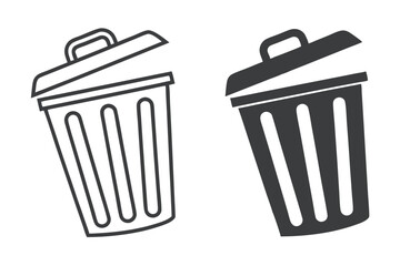 Two Trash Can Icons, Outline and Solid Fill, Open Lid, Waste Symbol on White