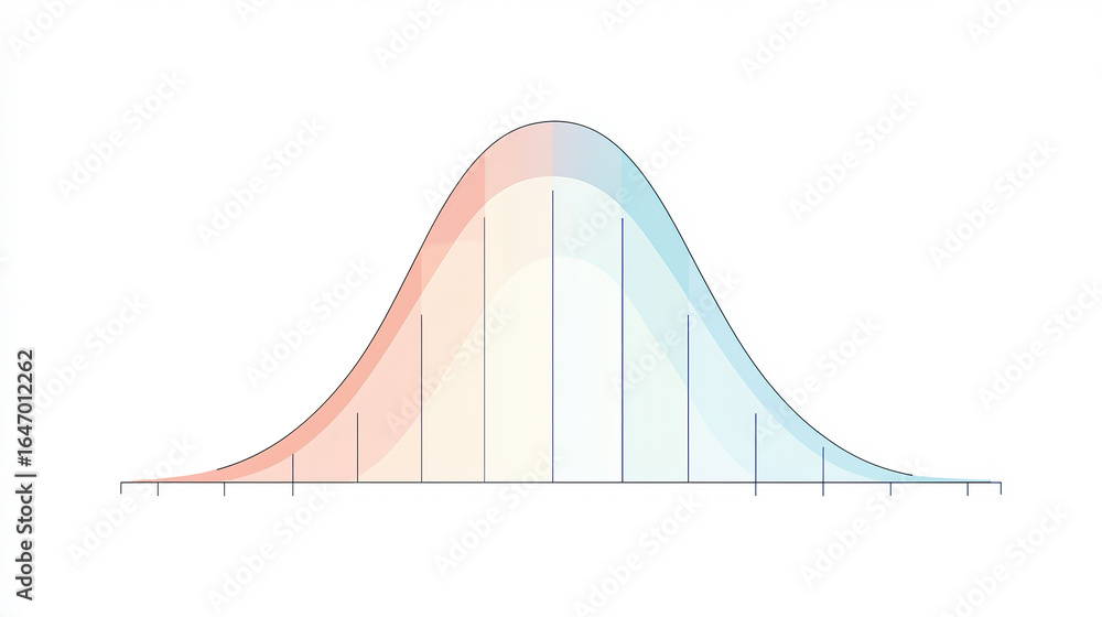 Poster a smooth, bell-shaped curve illustrating a normal distribution with distinct sections in red and blu