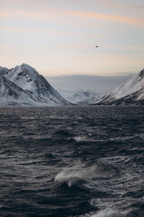A dramatic winter seascape with turbulent, dark waves in the foreground, and a large range of...