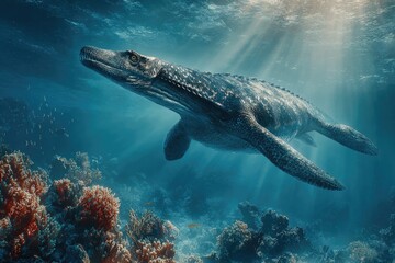 Fototapeta premium Majestic marine reptile gliding through vibrant coral reef, sunl