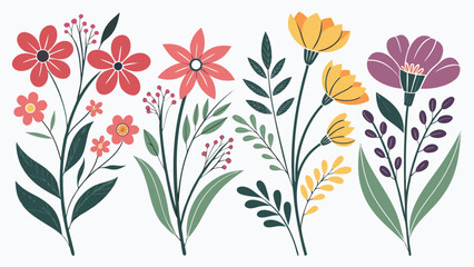 Floral vector art with red yellow and purple flowers and green leaves for spring botanical illustrations design