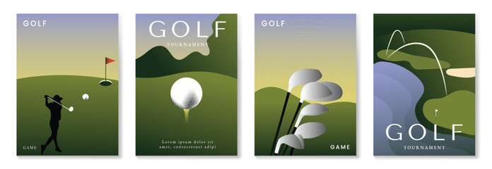 Golf tournament poster design background vector set. Sport event cover template with vibrant abstract gradient golf ball, people, stadium. Ideal design for social media, flyer, promotion, card.