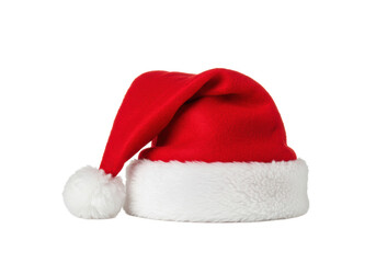 A classic red Santa Claus hat, plush fabric, white faux fur trim, and a fluffy pom-pom, isolated on a transparent background with soft studio lighting, concept of holiday celebration