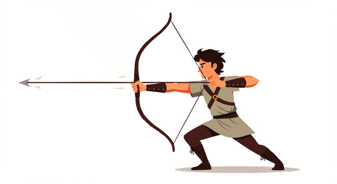 A determined male archer in historical attire aiming a traditional wooden longbow with a nocked arrow.