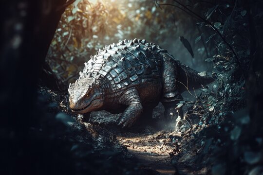 Ancient creature exploring dense foliage, showcasing unique armo