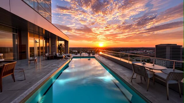 Luxury Rooftop Pool Overlooking City Skyline at Sunset
