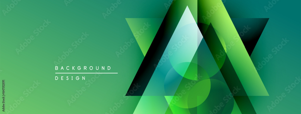 Poster abstract geometric shapes overlap, creating dynamic green gradient background. modern design element