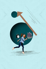 Collage of cheerful business person standing on clock symbolizing business growth timing progress...