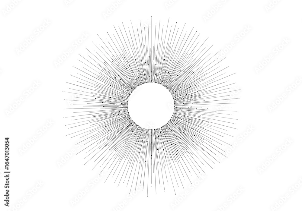 Wall mural geometric radial starburst pattern with central circle and fine line rays exploding outward in black