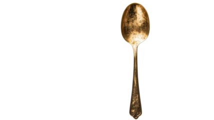 The golden spoon showcases its ornate design and craftsmanship, standing alone against a plain backdrop