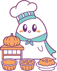Vector art of cute ghost chef with pies and pumpkins for halloween isolated on white background