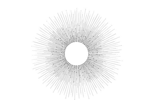 Geometric radial starburst pattern with central circle and fine line rays exploding outward in black and white abstract art