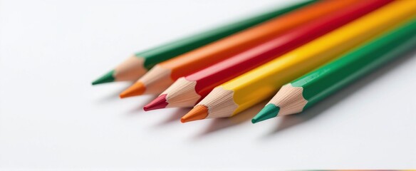 Fototapeta premium A vibrant image of colored pencils arranged creatively on a white background, ready for art.