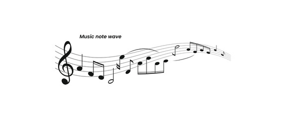 Dynamic vector of musical notes forming a wave. Treble clef, notes, and flowing staff. Perfect for music-related projects, posters, and invitations. Isolated on white