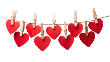 Paper Hearts Hanging on Rope with Small Clips Isolated on Transparent Background PNG