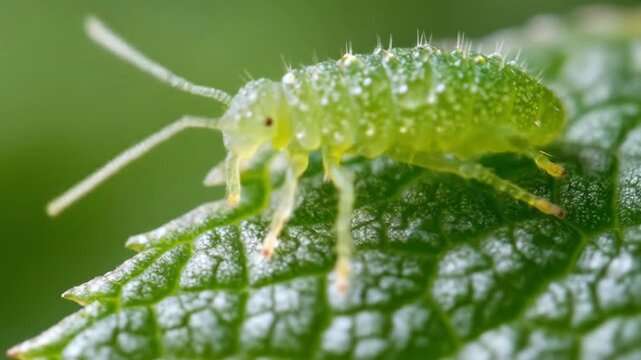 Vibrant Macro Close-up: Green Springtail Insect Adorned with Dew Drops on a Textured Leaf