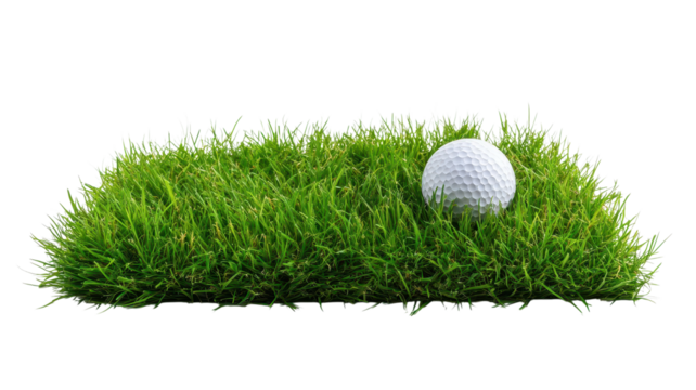 A golf ball sits on vibrant grass, surrounded by a bright, clear area, ideal for a game on a sunny day
