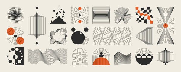 Abstract minimal element mid century vector set. Aesthetic contemporary stripe line art, vintage geometric shape,halftone in monochrome and orange. Atomic age Art form design for wall art, decoration.