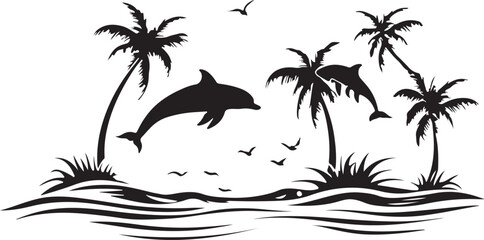 Tropical Island Paradise with Dolphins and Palm Trees Black Silhouette