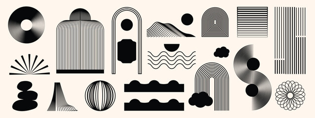 Abstract minimal element mid century vector set. Aesthetic contemporary stripe line art, vintage geometric shape,halftone in monochrome. Atomic age Art form design for wall art, decoration.