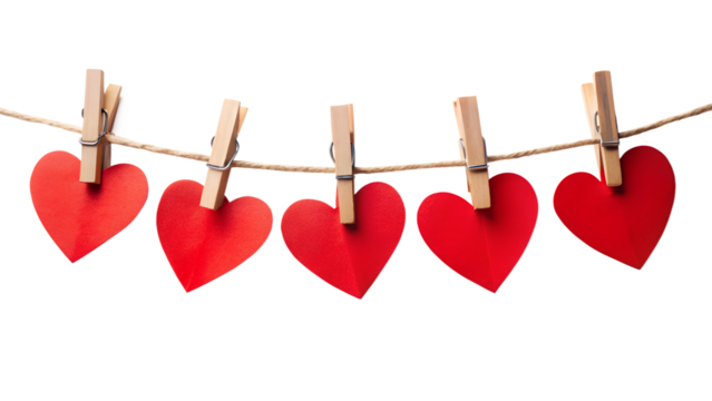 Paper Hearts Hanging on Rope with Small Clips Isolated on Transparent Background PNG