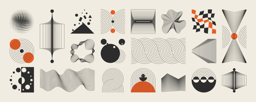 Abstract minimal element mid century vector set. Aesthetic contemporary stripe line art, vintage geometric shape,halftone in monochrome and orange. Atomic age Art form design for wall art, decoration.
