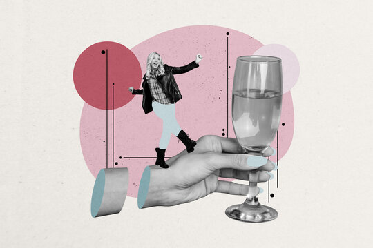 Sketch image art pop trend collage of happy girl dance human hand champagne glass celebration holiday wine beverage weekend