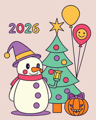 Vector art of festive 2026 new year illustration with snowman, tree and pumpkin