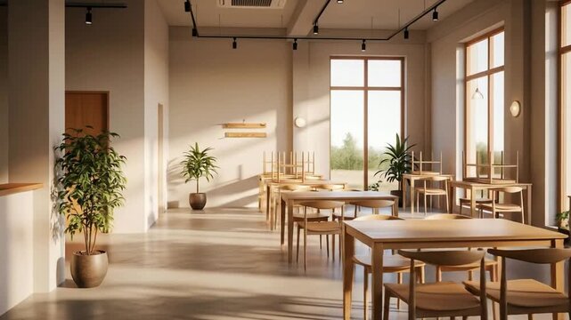 Empty Modern Cafe Interior with Natural Light and Wooden Furniture - Stock Video