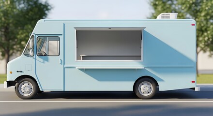 Bright blue food truck ready for delicious customization and service on a sunny day