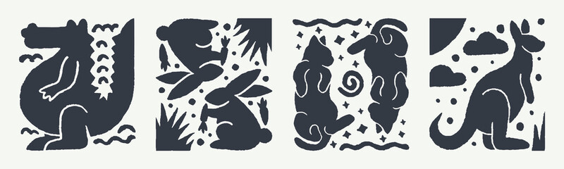 Cartoon illustration of crocodile, rabbit, cat, and kangaroo in a modern decorative silhouette style.