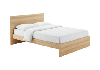 Wooden bed frame with white bedding simple minimalist interior decoration