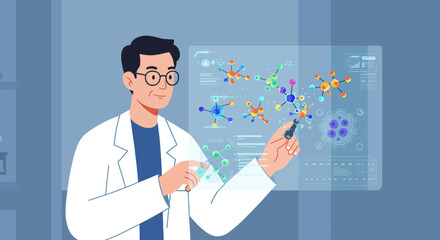 Scientist Analyzing Molecular Structures on Futuristic Display
