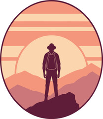 Vector art of silhouette of a hiker on top of a mountain isolated on white background